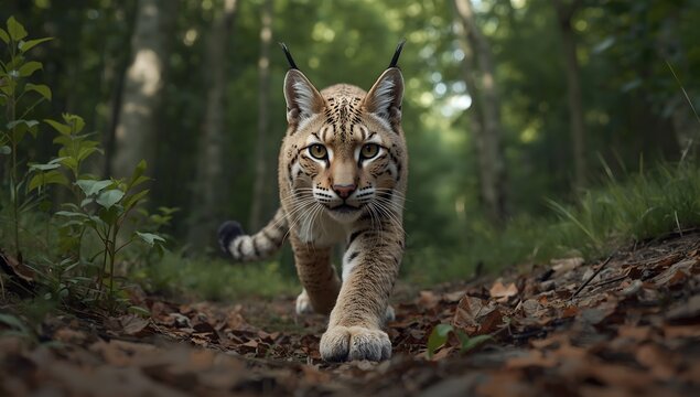 Lynx walking through a dense forest with soft sunlight filtering through trees during early morning hours - Powered by Adobe