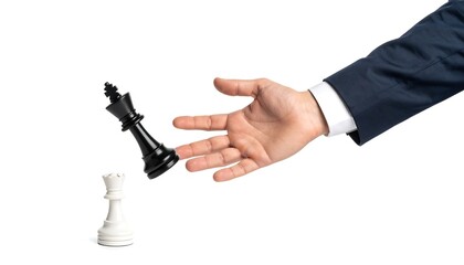 A hand in a suit, poised to capture a black chess queen