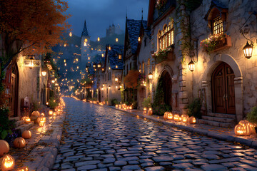 Fototapeta premium Enchanted Halloween Street: A cobblestone street glows with the warm light of jack-o'-lanterns, casting an enchanting spell on a quaint European village.