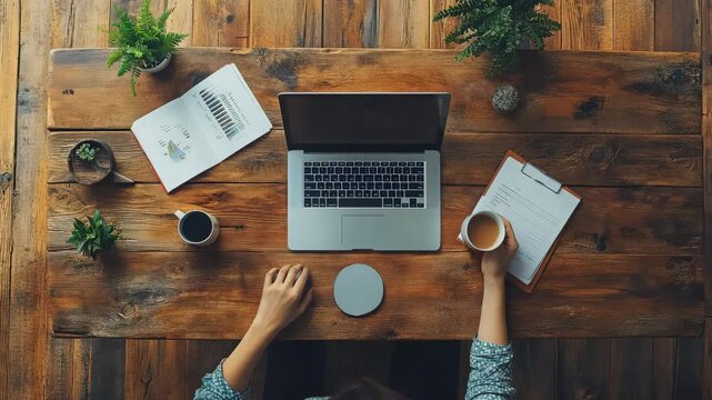 Working from home office with laptop and coffee aerial shot, a productive workspace concept