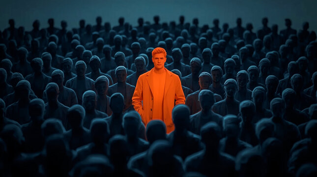 Standing out from the crowd a lone figure illuminated orange amidst a dark silhouetted mass