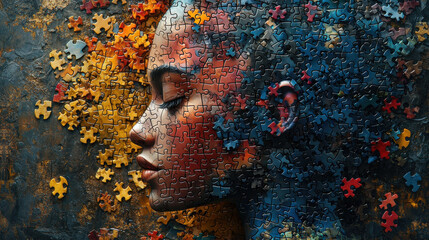A human head, its surface adorned with a kaleidoscope of puzzle pieces representing the multifaceted nature of attention deficit hyperactivity disorder, the mental health condition that can 