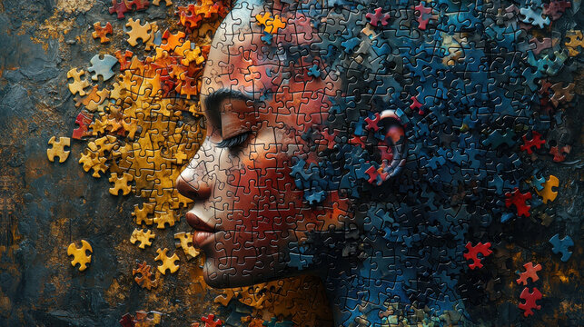 A human head, its surface adorned with a kaleidoscope of puzzle pieces representing the multifaceted nature of attention deficit hyperactivity disorder, the mental health condition that can - Powered by Adobe