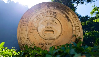 Obraz premium Ancient Mayan Artifact: A weathered, stone Mayan artifact, intricately carved with a face, stands as a testament to the past amidst lush tropical foliage and bathed in sunlight.