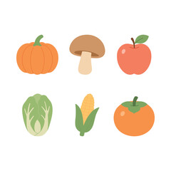 Cartoon set of fruits and vegetables: pumpkin, mushroom, apple, cabbage, corn and persimmon. Autumn harvest collection. Cute flat style healthy food vector illustration isolated on white.