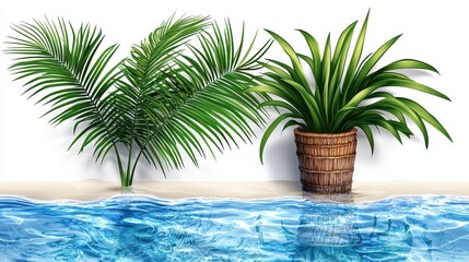 Obraz premium Tropical Beach Scene with Two Potted Plants near Blue Ocean Waves and Sandy Beach