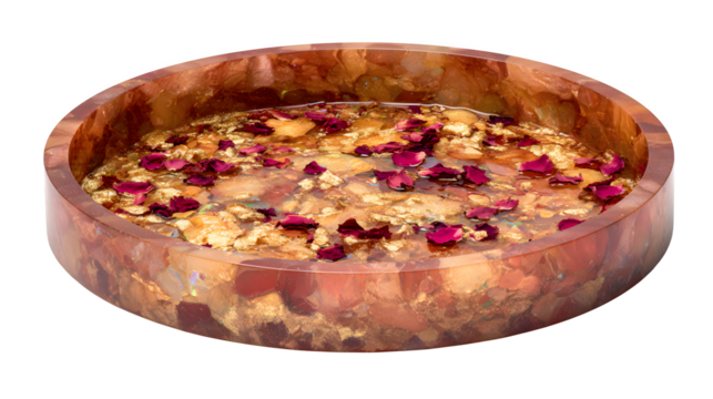 A resin tray with an abstract design incorporating dried rose petals and iridescent pigments, creating a luxurious and textured surface for serving or display, isolated on a Transparent Background