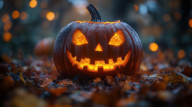 A jack-o'-lantern grins invitingly against a bokeh background, its orange glow casting a warm spell on the scene, leaving ample space for your creative message,8k 