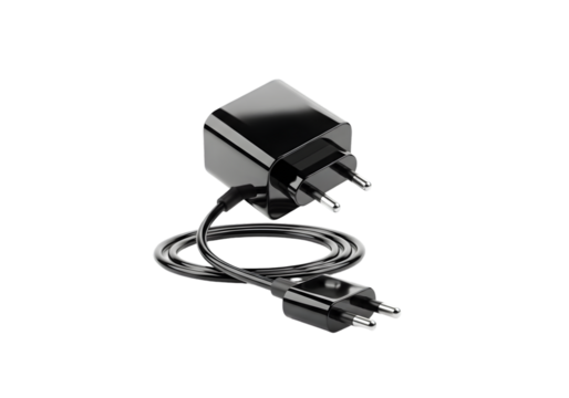 Sleek black power adapter with coiled cable and EU plug for modern device charging needs