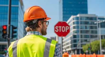 A construction worker looks towards a stop sign on a city street, wearing protective gear.