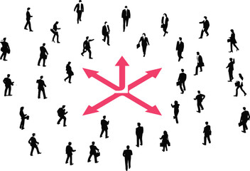 Business people silhouettes with arrows, career direction concept, leadership and teamwork, decision making, opportunity growth, corporate strategy, path choices illustration