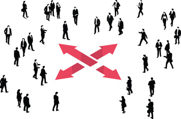 Business people silhouettes with arrows, teamwork and leadership concept, career growth opportunities, decision making, corporate path direction, strategy planning success illustration