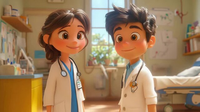 Animated doctors shaking hands in a hospital room, promoting teamwork and healthcare