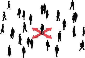 Silhouette business people with red arrows, teamwork leadership, corporate decision making, direction strategy, organization management, group communication, business growth concept
