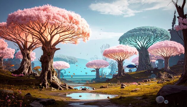 Surreal underwater forest glowing with bioluminescent plants, colorful fish swimming among the trees - Powered by Adobe