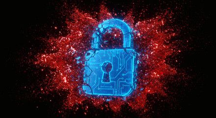 Cybersecurity concept of a broken padlock symbolizing data breach and security vulnerability with digital debris
