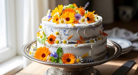 A two-tiered cake is decorated with beautiful, colorful edible flowers.