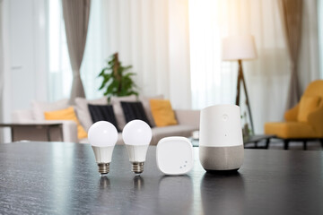 The led lighting bulb is on the desktop