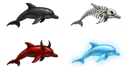 Four stylized dolphins in various color and form