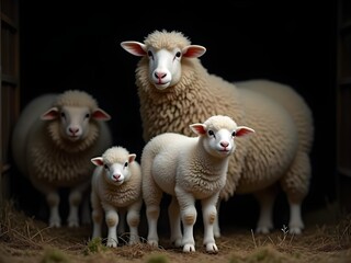 Naklejka premium Sheep Family Portrait: Warm Wool in Cozy Barn Setting