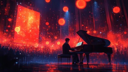 A captivating piano performance with a mesmerizing light display and a silhouette pianist