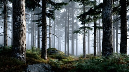 Misty Forest Landscape with Tall Trees and Soft Light Filtering Through the Fog