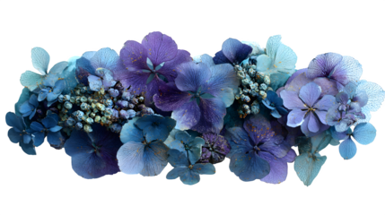 A resin wall art piece featuring a swirling arrangement of dried hydrangeas in various shades of blue and purple, 