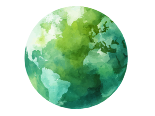 Vibrant watercolor globe showcases Earth's continents in shades of green