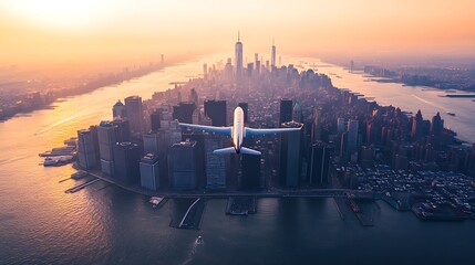 Airplane flies over a futuristic city skyline at sunset