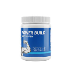 Power build whey protein supplement container for muscle growth and fitness with blue label transparent background