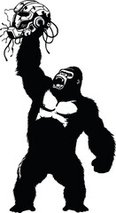 Fototapeta premium A powerful gorilla triumphantly holds aloft a futuristic helmet, symbolizing strength and technological conquest.