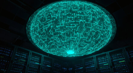 Futuristic artificial intelligence core represented by a glowing sphere of complex circuits in a modern data center with server racks