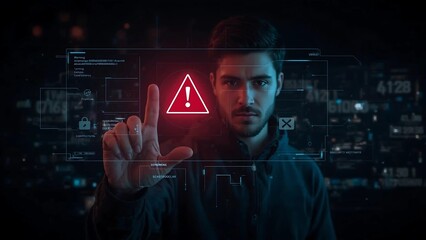 A young hacker interacts with a futuristic digital interface showing a system hacked alert, cybersecurity warning, and data breach visualization in virtual technology space