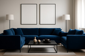 contemporary living room with a striking navy blue sofa and sleek black coffee table, flanked by two stylish floor lamps. blank frames for mockup