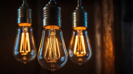 A close up shot of three vintage style light bulbs hanging from the ceiling in a dark room space