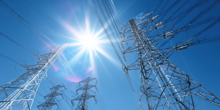 The Transmission Towers and High Voltage Power Lines Against a Brilliant Blue Sky