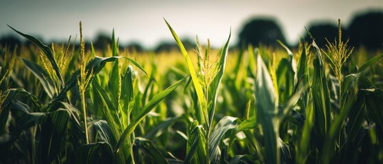 The Cornfield at Sunrise with Lush Green Maize Plants and Soft Bokeh Background