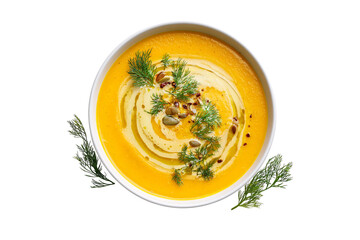 Delicious creamy pumpkin soup with garnish isolated on transparent background