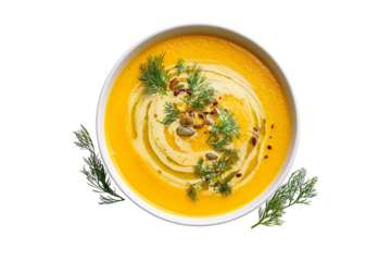 Delicious creamy pumpkin soup with garnish isolated on transparent background