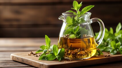 A glass pitcher filled with herbal tea and fresh mint leaves, displayed on a wooden cutting board, creating a warm and inviting atmosphere.