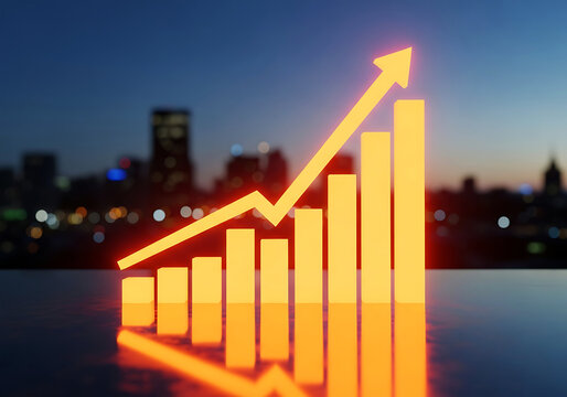 Glowing orange bar chart with upward trend line over city skyline at dusk