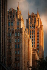 Fototapeta premium Ornate Skyscrapers at Sunset, Architectural Details and Warm Light, Urban Landscape