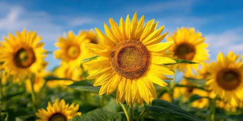 Obraz premium The Sunflower Field Bathed in Golden Sunlight Under a Bright Blue Sky