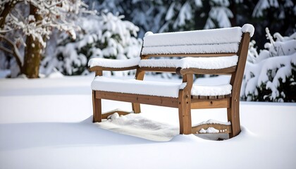 A wooden park bench, coated in a fresh snowfall, sits peacefully in a winter wonderland.