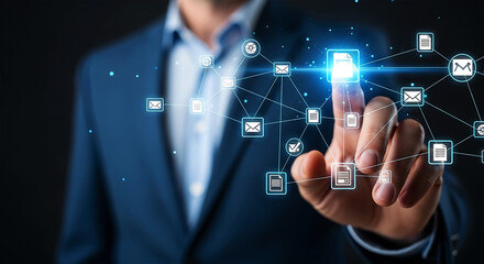 Businessman interacting with a digital network of icons and data