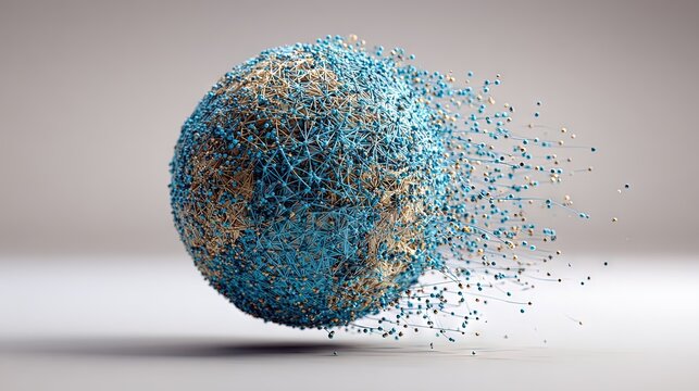 Dynamic abstract globe dissolving into scattered blue and brown particles, symbolizing fragility of nature, digital transformation, and global change