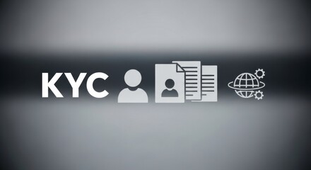 A kyc concept with user icon document icons and globe with gears on a gradient gray background