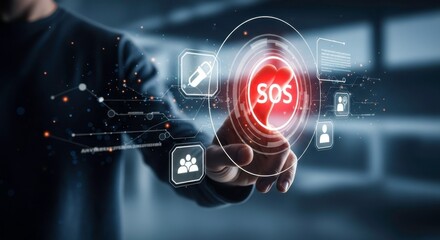 A person touching a digital sos button with connected icons in a futuristic interface design