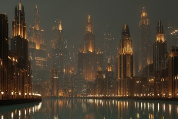 Obraz premium Futuristic Cityscape at Night with Golden Lights Reflecting on Water, Dark Sky