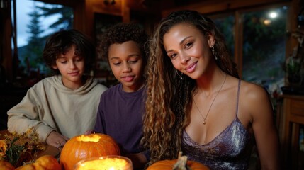 Family pumpkin carving for Halloween